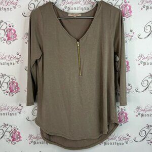 Casual couture Green Envelope casual couture zip up Taupe V-Neck Zipper Blouse
